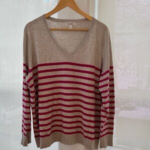 Dressbarn Timeless 3X Gray and Pink Striped V-Neck Sweater